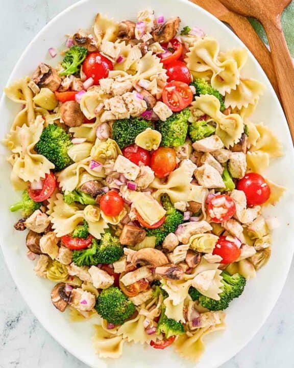 Overhead view of chicken pasta salad with vegetables.