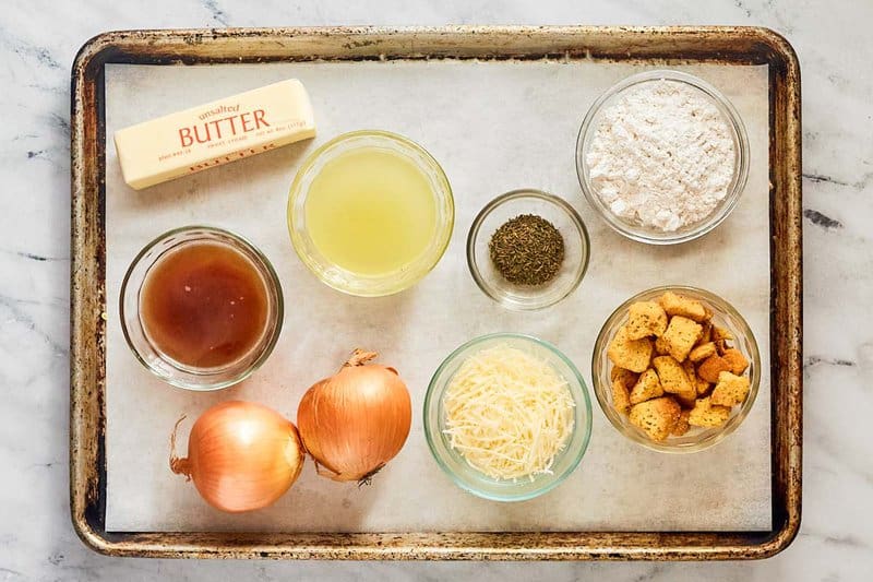 Copycat Panera French onion soup ingredients on a tray.
